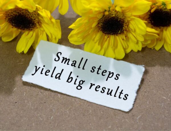 Gardening quote that says"Small steps yield big results" near three yellow flowers